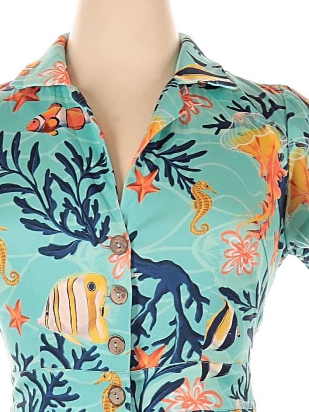 Voodoo Vixen Coral Reef Button Up Romper Teal XL Ocean Print Playsuit EUC - Picture 4 of 6